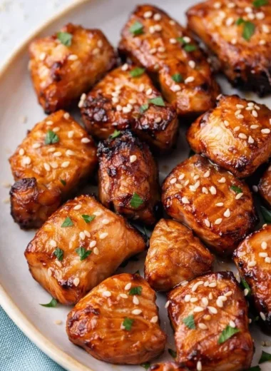Honey garlic salmon bites appetizer on a plate garnished with herbs