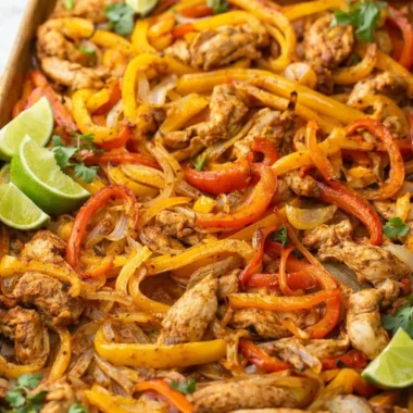 Easy sheet pan fajitas with peppers and onions on a tray