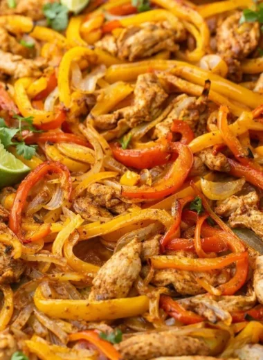 Easy sheet pan fajitas with peppers and onions on a tray