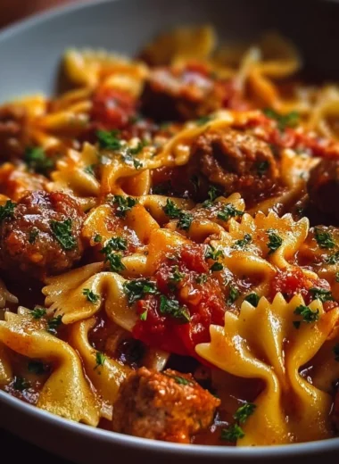 Bow tie pasta with Italian sausage in a savory sauce