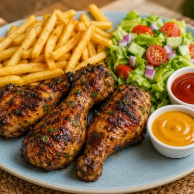 Juicy grilled chicken drumsticks with fries and fresh salad on a plate