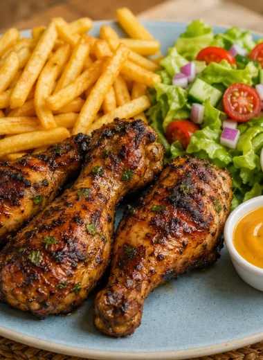 Juicy grilled chicken drumsticks with fries and fresh salad on a plate