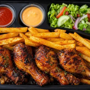 Juicy roast chicken drumsticks served with crispy fries in a meal box