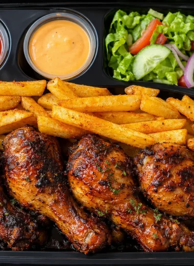 Juicy roast chicken drumsticks served with crispy fries in a meal box