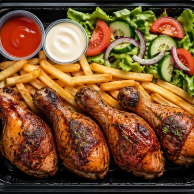 Juicy roast chicken drumsticks served with crispy fries on a plate