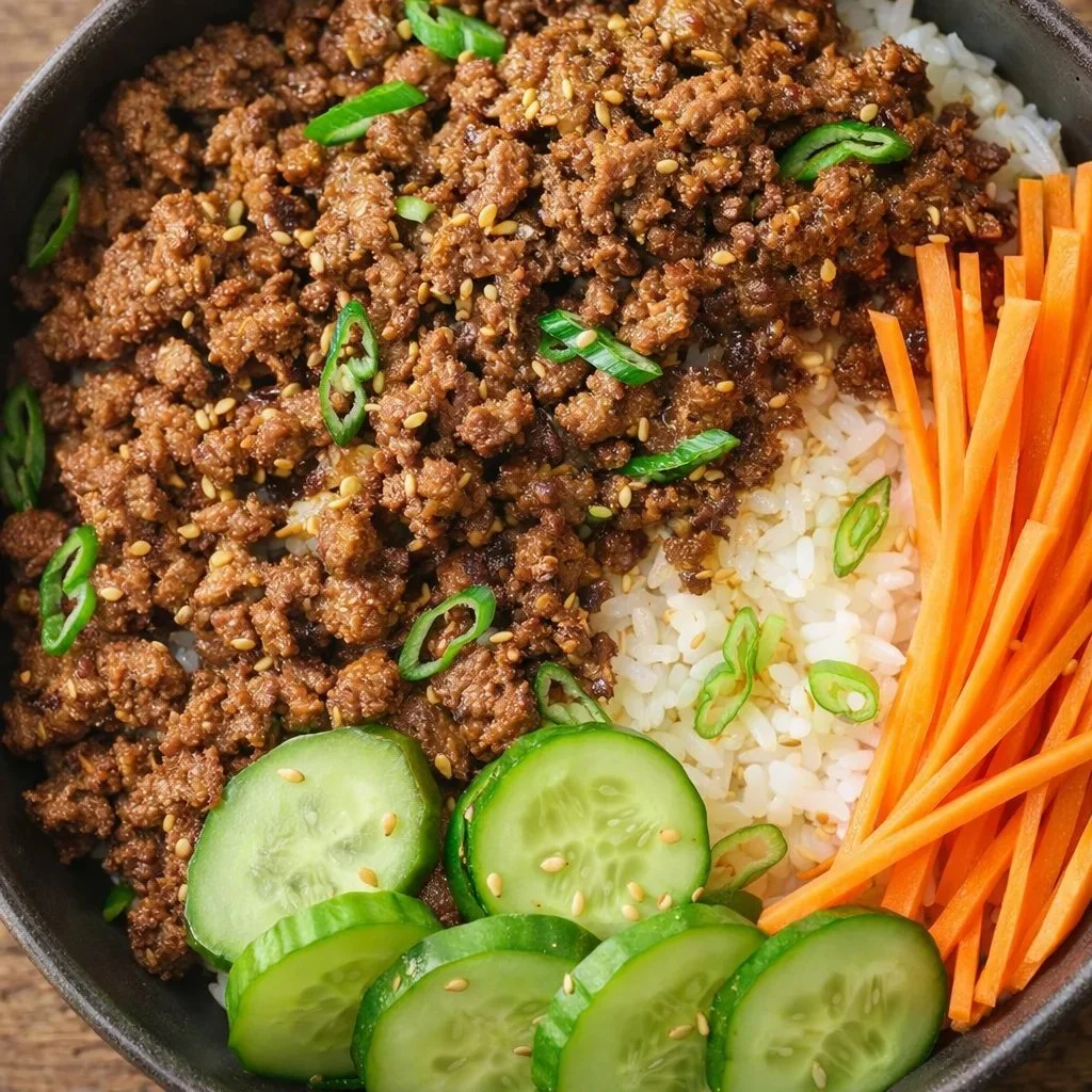 Korean beef bulgogi rice bowl with marinated beef, rice, and vegetables