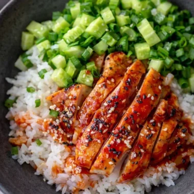 Delicious Korean Gochujang Chicken Rice Bowl with vegetables and sauce