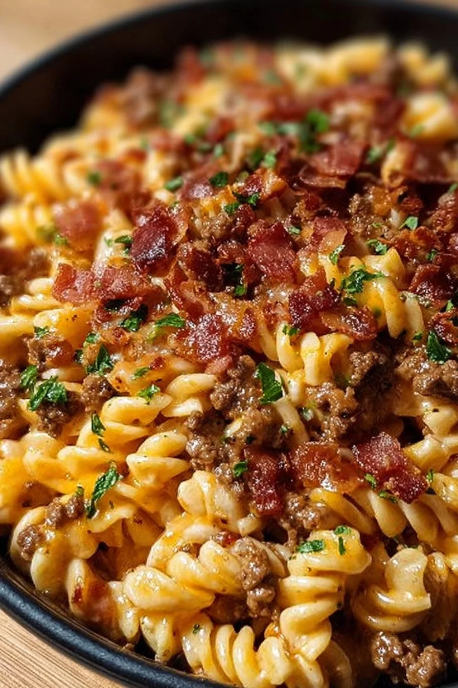 Delicious Loaded Bacon Cheeseburger Pasta topped with crispy bacon and cheese