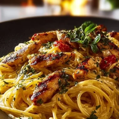 Plate of Monterey Chicken Spaghetti garnished with herbs
