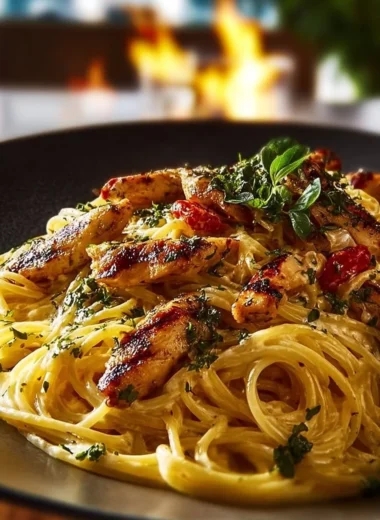 Plate of Monterey Chicken Spaghetti garnished with herbs