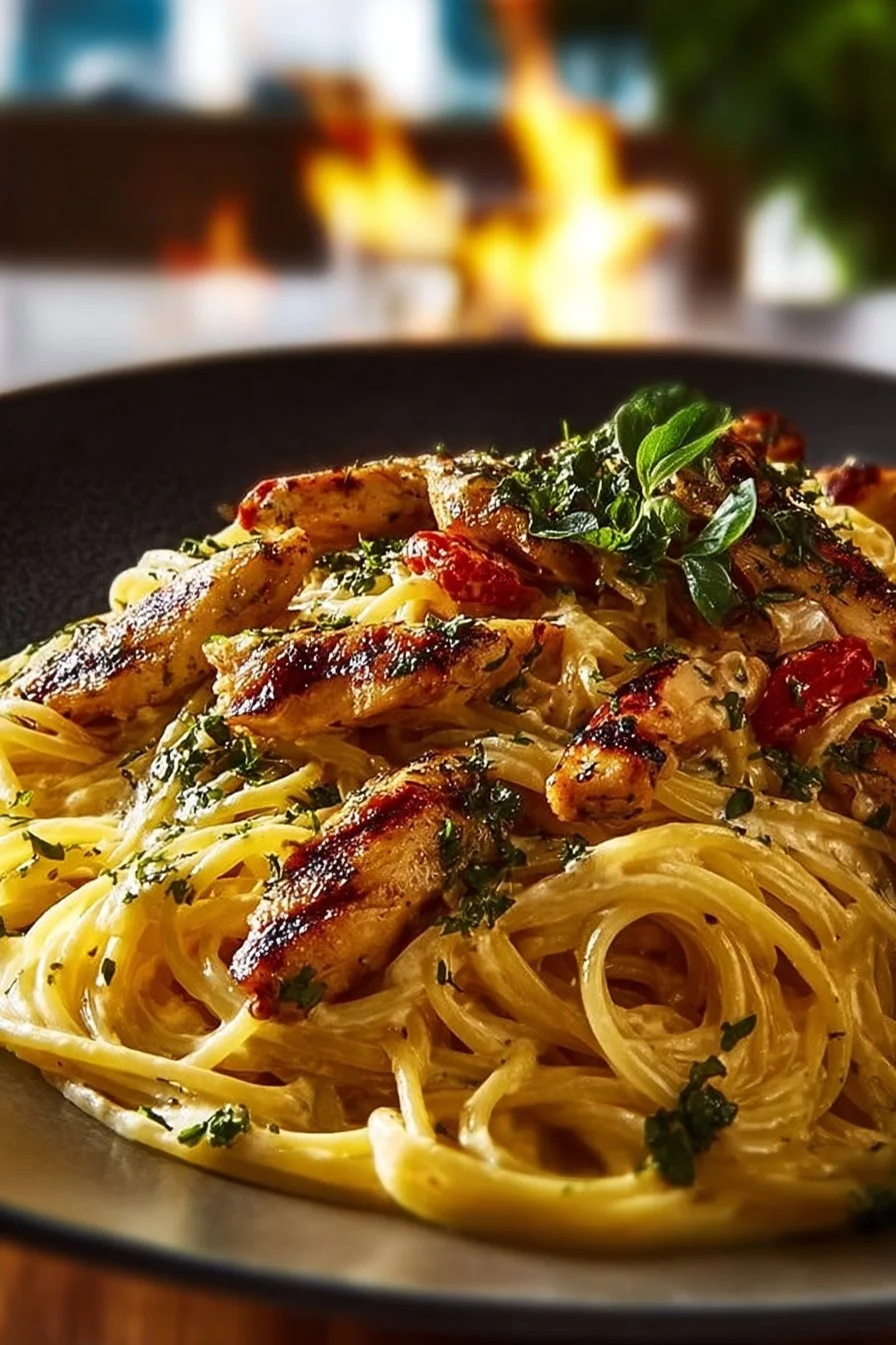 Plate of Monterey Chicken Spaghetti garnished with herbs