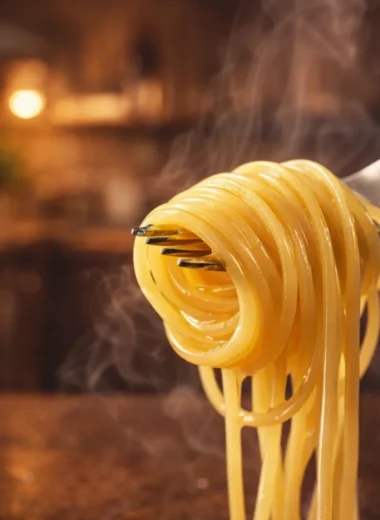 A perfectly cooked pasta dish with a sprinkle of herbs and sauce, ready to serve.