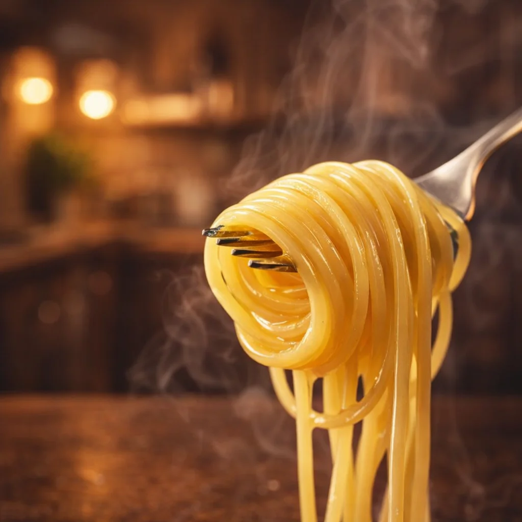 A perfectly cooked pasta dish with a sprinkle of herbs and sauce, ready to serve.