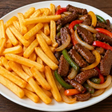 Delicious one-pan pepper steak fries plate with vibrant colors and tasty ingredients.