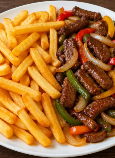 Delicious one-pan pepper steak fries plate with vibrant colors and tasty ingredients.