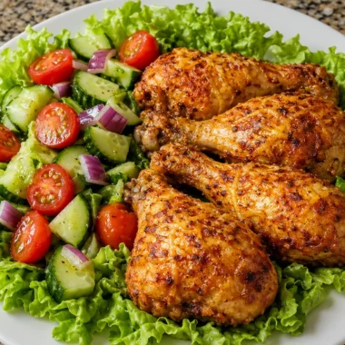 Plate of oven-baked crispy chicken served with a fresh garden salad