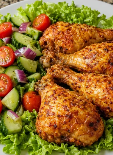 Plate of oven-baked crispy chicken served with a fresh garden salad