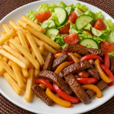 Delicious pepper steak plate with crispy fries and fresh salad