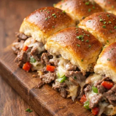 Philly Cheesesteak sliders topped with provolone cheese on a platter.