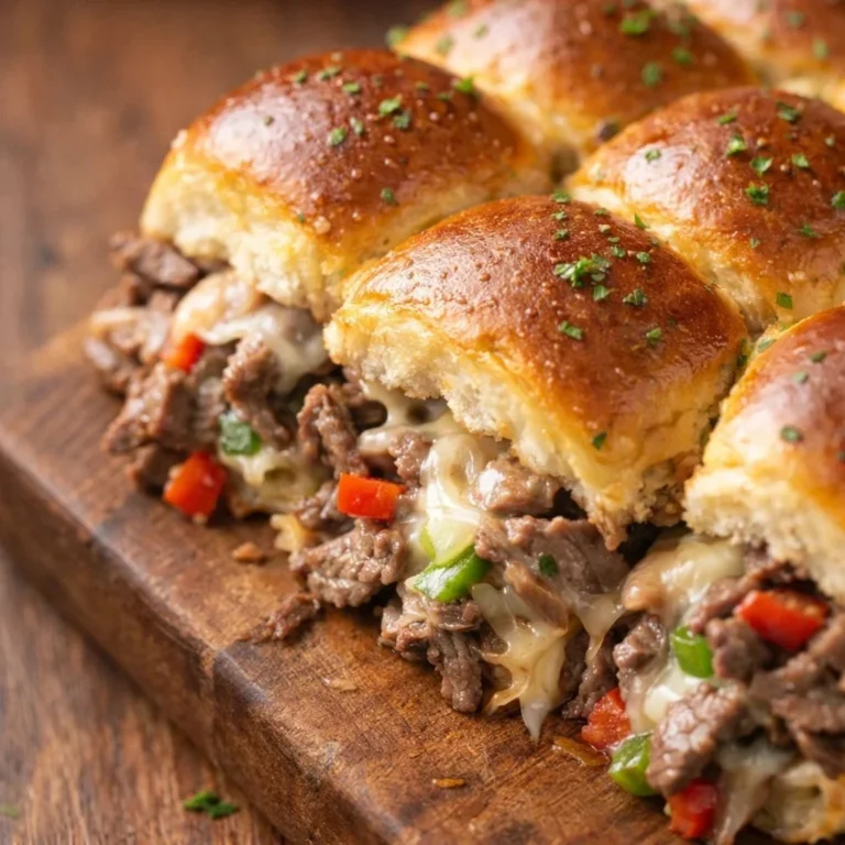 Philly Cheesesteak sliders topped with provolone cheese on a platter.