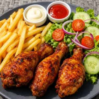 Plate of roasted chicken drumsticks with fries and fresh salad.