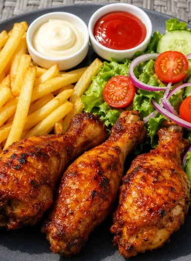 Plate of roasted chicken drumsticks with fries and fresh salad.