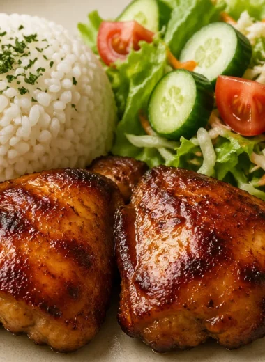 Delicious roasted chicken served with rice, salad, and coleslaw on a plate