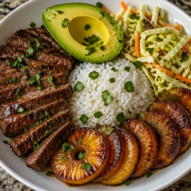 Savory power bowl with steak, rice, and caramelized plantains