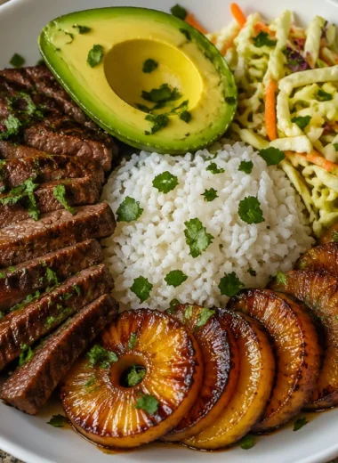 Savory power bowl with steak, rice, and caramelized plantains