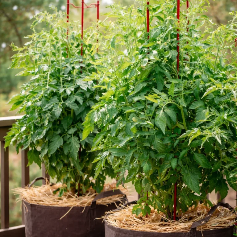 Home-grown tomatoes thriving in pots on a balcony garden.
