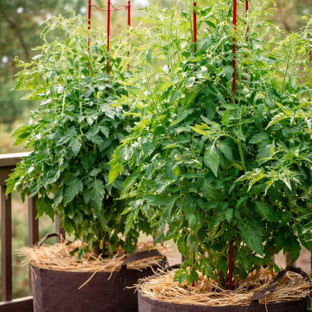 Home-grown tomatoes thriving in pots on a balcony garden.