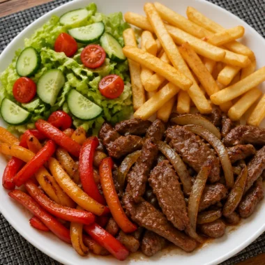 Sizzling steak and peppers served with fries and salad.