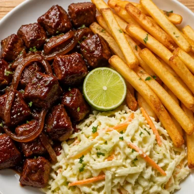 Delicious sticky BBQ beef bites served with fries and coleslaw