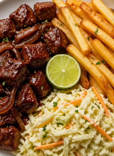 Delicious sticky BBQ beef bites served with fries and coleslaw