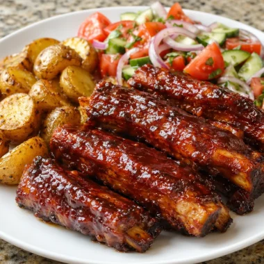 Plate of sticky BBQ ribs garnished with herbs and served with sides
