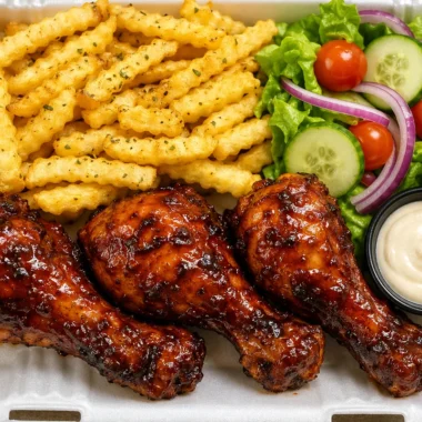 Sticky Glazed Chicken & Fries Power Box on a plate