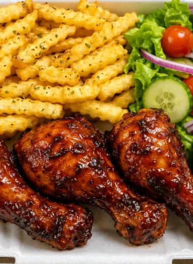 Sticky Glazed Chicken & Fries Power Box on a plate