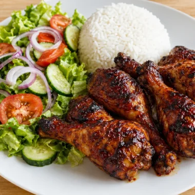 Sticky honey garlic chicken drumsticks served with rice and fresh salad