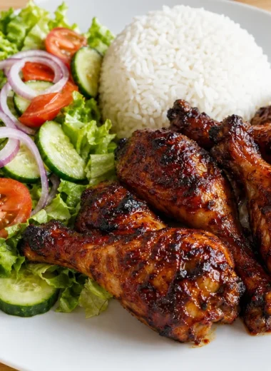 Sticky honey garlic chicken drumsticks served with rice and fresh salad