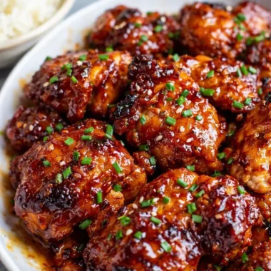 Delicious sticky honey sriracha chicken thighs garnished with sesame seeds