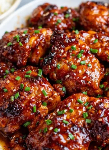 Delicious sticky honey sriracha chicken thighs garnished with sesame seeds