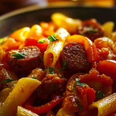 A bowl of Sweet Pepper and Sausage Pasta garnished with fresh herbs