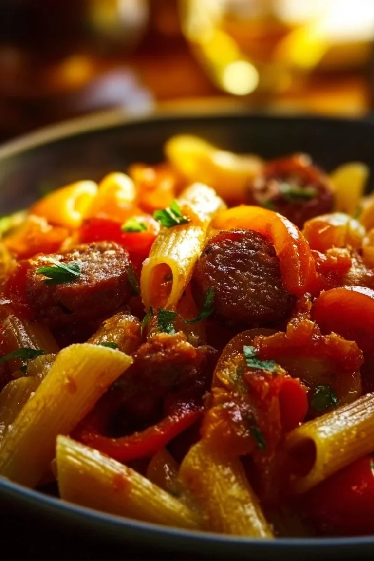 A bowl of Sweet Pepper and Sausage Pasta garnished with fresh herbs