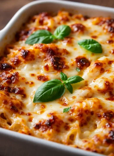 Easy and delicious pasta bake with layers of cheese and tomato sauce, perfect for any meal.