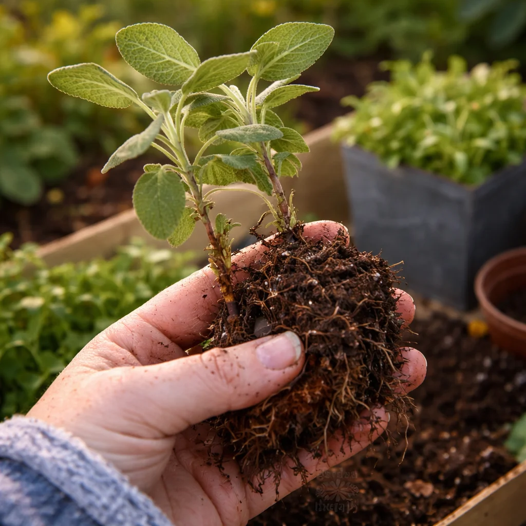 Fresh herbs growing in pots with optimal soil for herbs and vegetables.