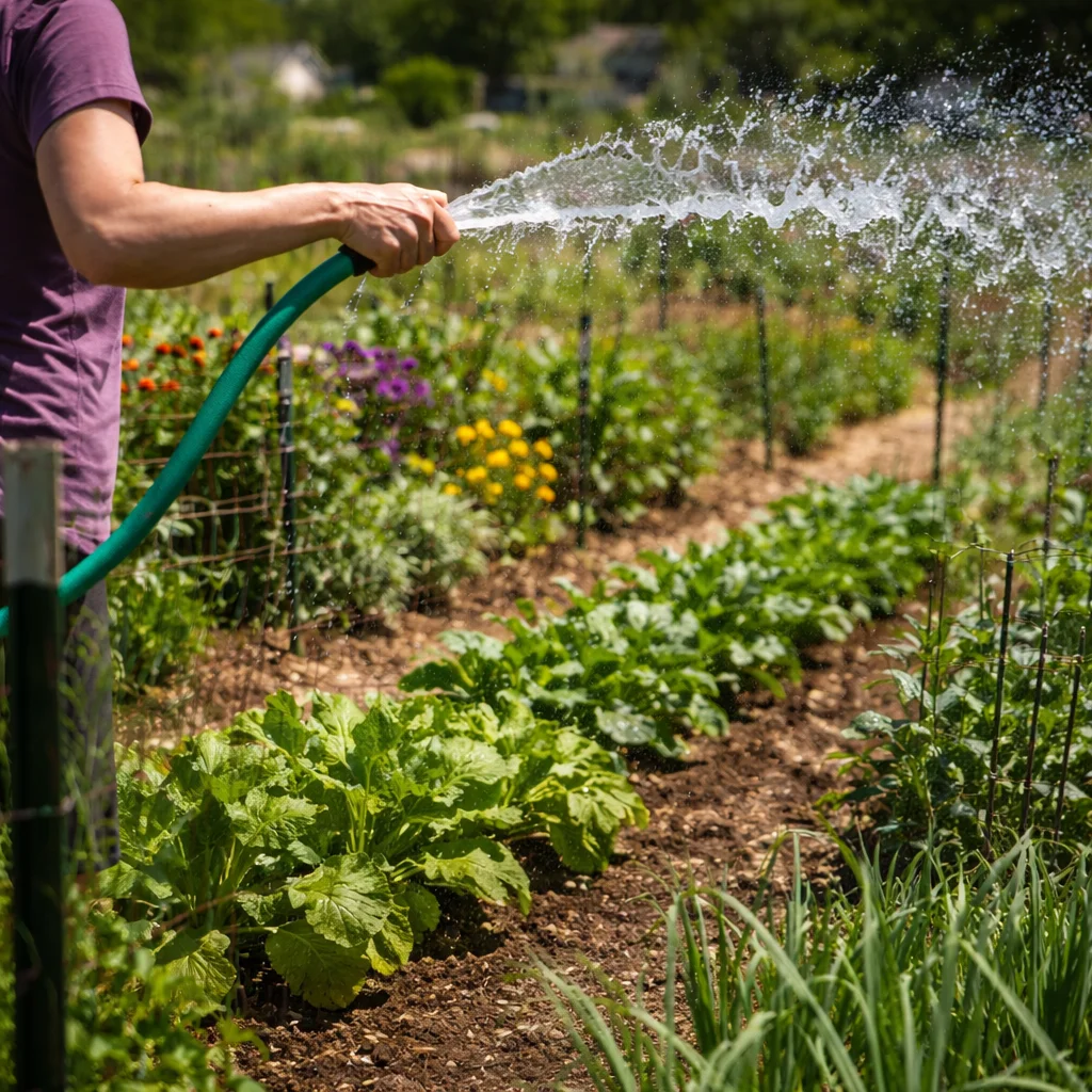 Beginner watering techniques for a thriving kitchen garden.