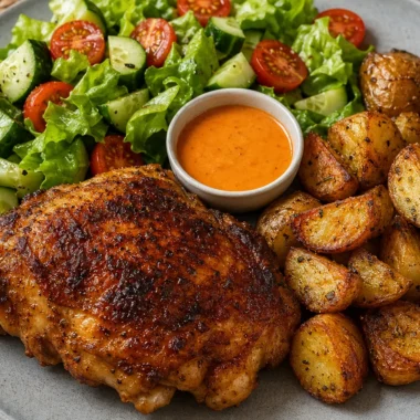 Plate of crispy chicken with roasted potatoes and fresh salad