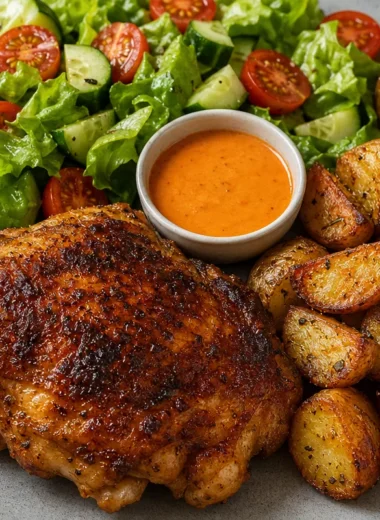 Plate of crispy chicken with roasted potatoes and fresh salad