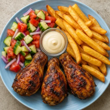 Ultimate crispy chicken plate with drumsticks, fries, and fresh salad