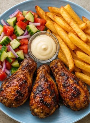 Ultimate crispy chicken plate with drumsticks, fries, and fresh salad